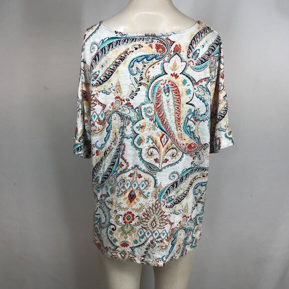 CHICO'S- WOMEN'S 3/XL - WHITE PAISLEY SHORT SLEEVE ROUND NECK LINEN TOP SHIRT - Picture 5 of 8